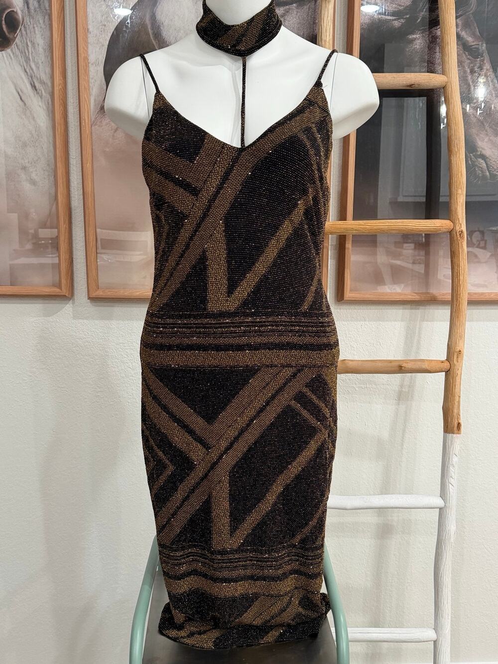 0103 Fashion Nova gold/black elegant geometric beaded dress with matching choker